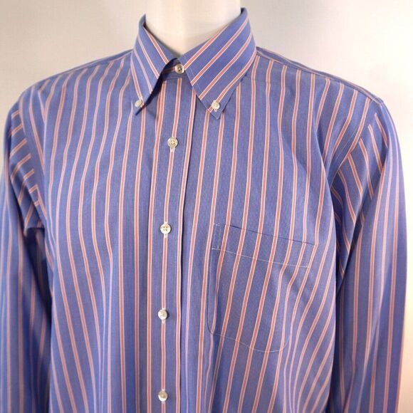 Brooks Brothers Milano Original Polo Shirt Mens Sz 17-33 Blue Striped Non Iron - Picture 1 of 10